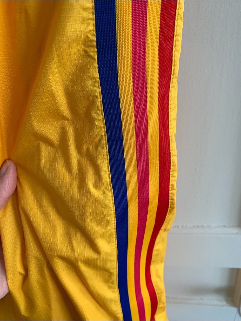 Men’s Yellow adidas Track Pants with Multicolor Trefoil Stripe - Picture 5 of 5